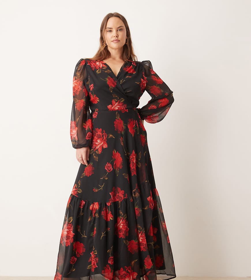 Hope & Ivy Plus - Maxikleid in Schwarz mit rotem Blumenmuster und Wickeldesign auf der Vorderseite von Hope & Ivy Plus