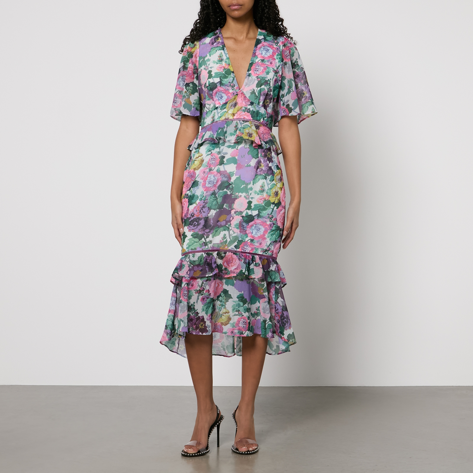 Hope & Ivy Hattie Frill Floral-Print Chiffon Midi Dress - UK 6 von Hope & Ivy