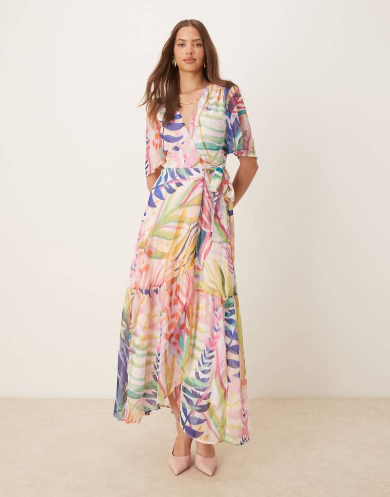 Hope & Ivy - Maxi-Wickelkleid in Rosa mit buntem Unterwasserwelt-Print und Flatterärmeln von Hope & Ivy