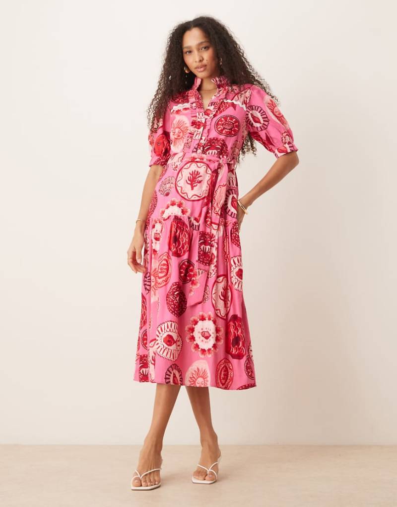 Hope & Ivy - Mittellanges Hemdblusenkleid in Rosa mit Strandprint und Puffärmeln von Hope & Ivy