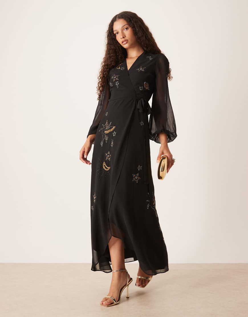 Hope & Ivy - Verziertes Maxikleid zum Wickeln in Schwarz und Gold von Hope & Ivy