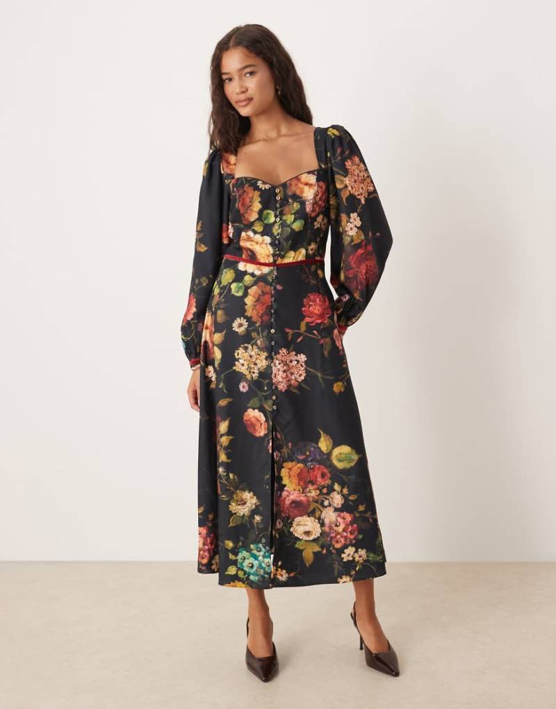 Hope & Ivy - Vorne geknöpftes Midi-Freizeitkleid mit Rückenausschnitt in Petrol geblümt-Bunt von Hope & Ivy