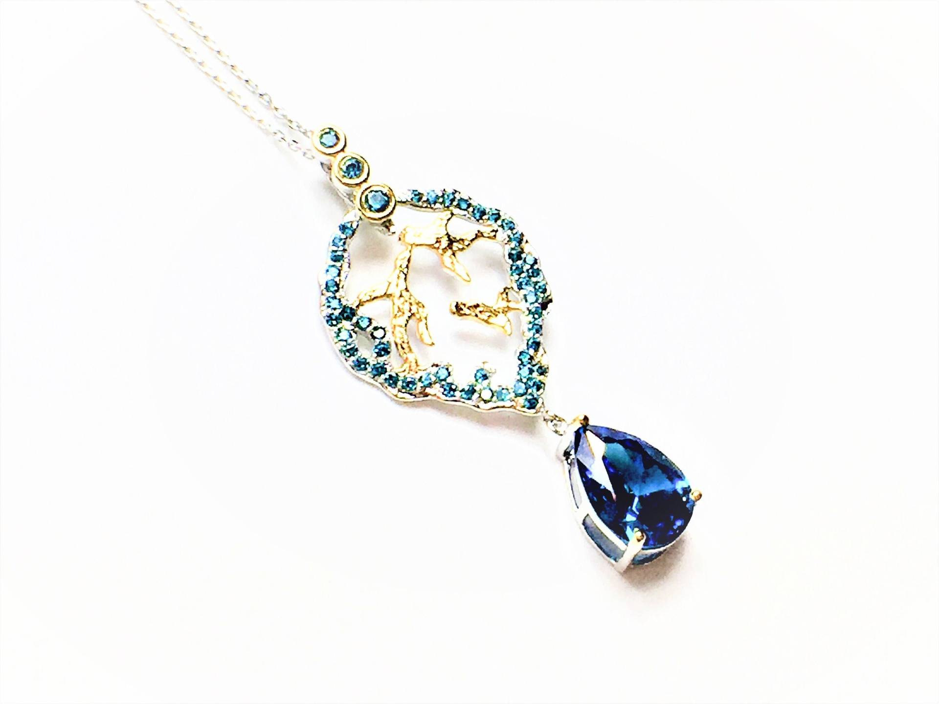 Blauer Zirkon Anhänger Halskette, Elegante Sterling Silber Bark Textur Schmuck, Neues Design Luxus Schmuck Blauer Zirkon Anhänger Halskette, Elegante Sterling Silber Bark Textur Schmuck, Neues Design Luxus Schmuck von HopeRomance
