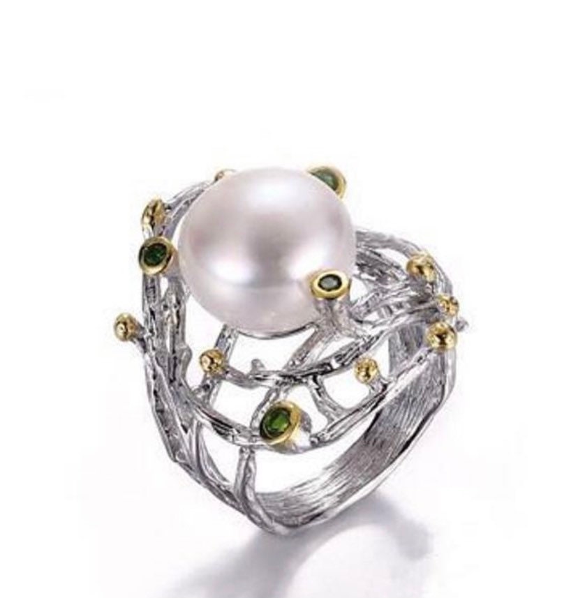 Perlenring, Diopsid Ring, Sterling Silber Süßwasserperle, Rindenstruktur Intarsid Diopsid, High Fashion Perlenring, Neuer Design Schmuck Perlenring, Diopsid Ring, Sterling Silber Süßwasserperle, Rindenstruktur Intarsid Diopsid, High Fashion Perlenring, Neuer Design Schmuck von HopeRomance