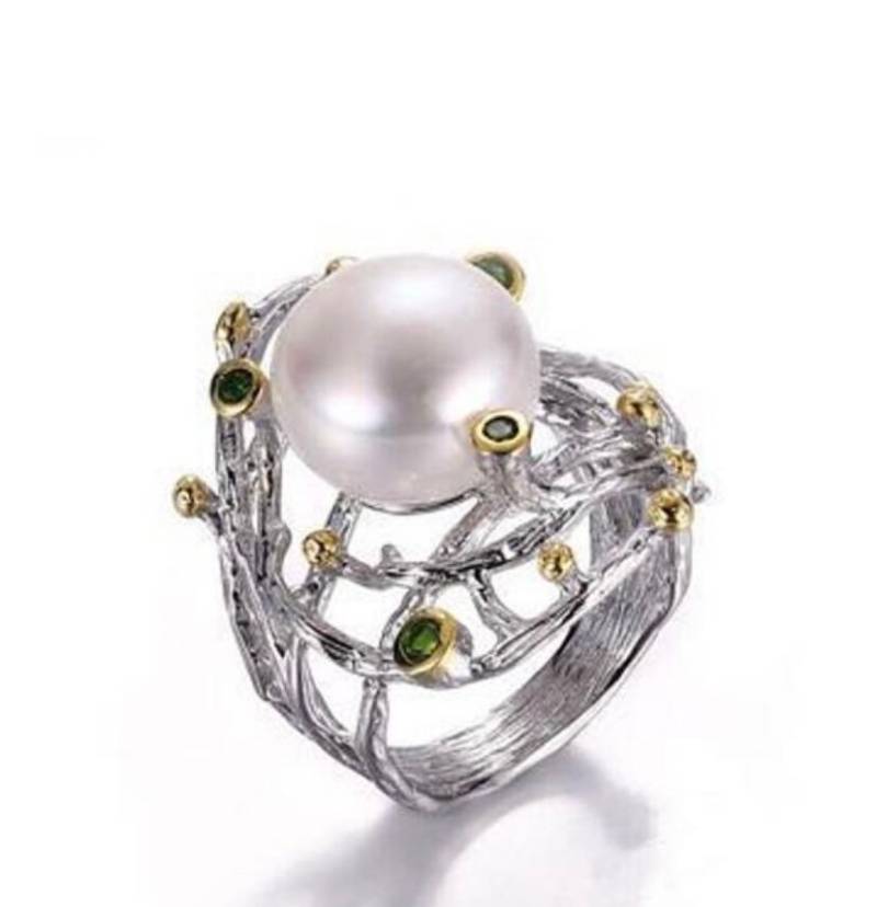 Perlenring, Diopsid Ring, Sterling Silber Süßwasserperle, Rindenstruktur Intarsid Diopsid, High Fashion Perlenring, Neuer Design Schmuck Perlenring, Diopsid Ring, Sterling Silber Süßwasserperle, Rindenstruktur Intarsid Diopsid, High Fashion Perlenring, Neuer Design Schmuck von HopeRomance