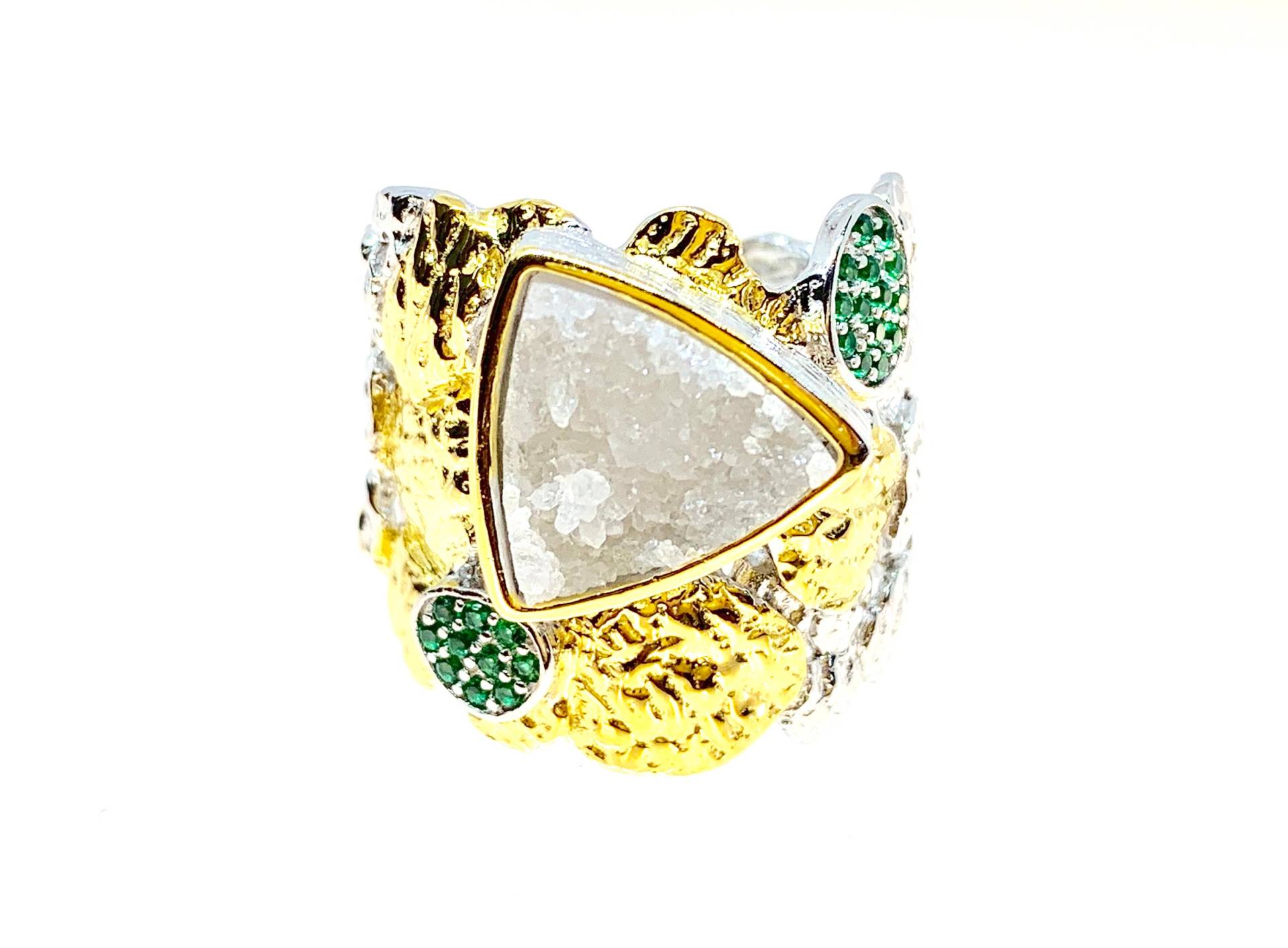 Weißer Druzy Ring, Multi-Stein Ringe, Nano Grüner Spinell Sterling Silber Stilvoller Rinde Textur Hochwertiger Ring Weißer Druzy Ring, Multi-Stein Ringe, Nano Grüner Spinell Sterling Silber Stilvoller Rinde Textur Hochwertiger Ring von HopeRomance