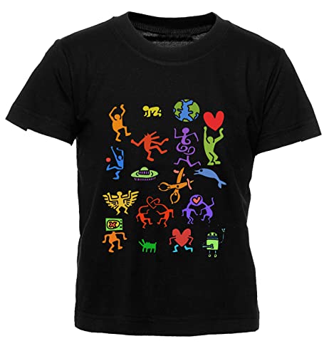 Haring Symbols Kinder T-Shirt Schwarz Jungen Mädchen Rundhals Leicht Beiläufig Kurzarm Kid's Boy's Girl's Crew Neck Black von Hopestly