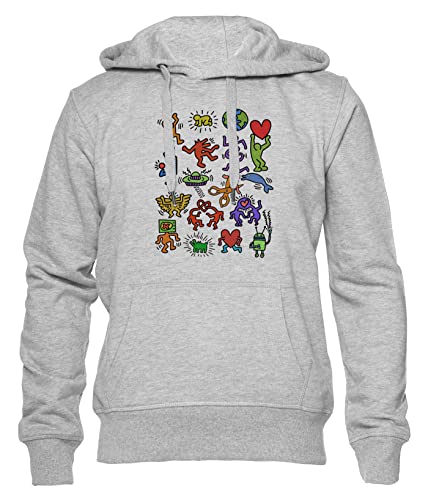 Haring Symbols Unisex Hoodie Herren Damen Grau Lange Ärmel Kapuzenpulli Men's Women's Grey von Hopestly