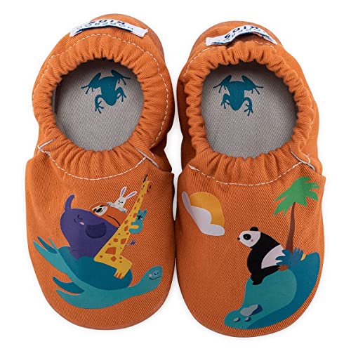 Hopfrög Kids Booties Babyschuhe aus weichem 100 % Baumwolle, für den Innenbereich, erste Schritte für Kinder, Hausschuhe, Kinder, Unisex, Slipper, Kindergarten, Fresh Salmon Adventure, 22 EU von Hopfrög Kids