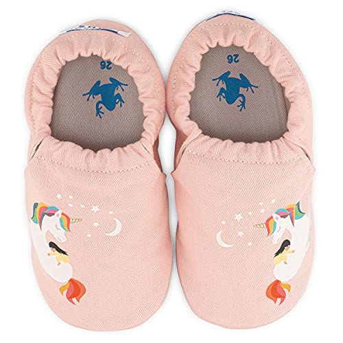 Hopfrög Kids Booties Babyschuhe aus weichem 100 % Baumwolle, für den Innenbereich, erste Schritte für Kinder, Hausschuhe, Kinder, Unisex, Slipper, Kindergarten, rutschfest, Powder Pink Unicorn, 20 EU von Hopfrög Kids