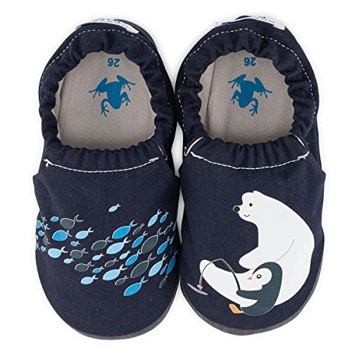 Hopfrög Kids Booties Babyschuhe aus weicher 100 % Baumwolle, erste Schritte für Kindergarten, Mädchen, rutschfeste Sohle, 6-24 Monate, 3-5 Jahre, Navy Blue Friendly, 21 EU von Hopfrög Kids