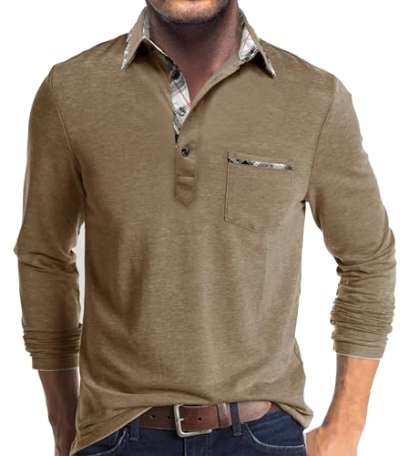Hopgo Herren Langarm Poloshirts mit Tasche Casual Work Golf Shirt M Khaki 1 von Hopgo