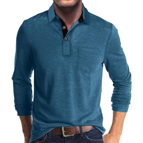 Hopgo Herren Poloshirts Largarm mit Tasche Lässiges Arbeitshemden Pullover Langarmshirt Herren mit Kragen Golf Shirt XXL Blau von Hopgo
