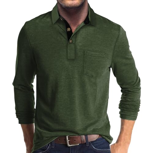 Hopgo Herren Poloshirts Largarm mit Tasche Lässiges Arbeitshemden Pullover Langarmshirt Herren mit Kragen L, Armeegrün von Hopgo