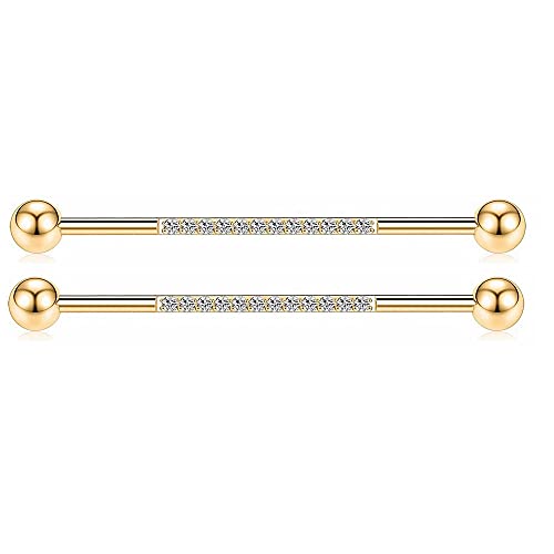 HOPPLY 14G Industrial Piercing Barbell Ohrring für Männer & Frauen, chirurgische Edelstahl Piercing Helix-Conch Knorpelohrringe mit CZ Body Piercing Schmuck 38mm 1 1/2 Zoll (Gold) von Hopply