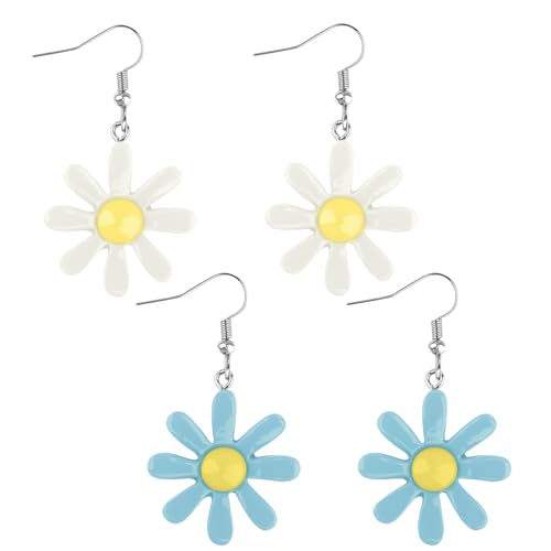 2 Paar Gänseblümchen Ohrringe, Acryl Ohrringe Hängend, Niedlich Blumen Gänseblümchen Ohrhänger für Mädchen Frauen Charms Dekor(Weiß+Blau) von Hopton