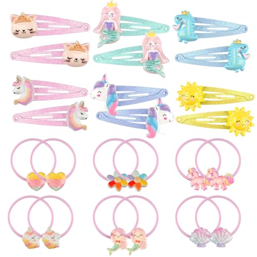 Hopton 24 Stück Haarspangen & Haargummis Mädchen, Glitzer Haarschmuck, 6 Paar Haarspangen & Haargummis, Regenbogen Blumen Haarclips, Geschenke für Girls & Kinder von Hopton