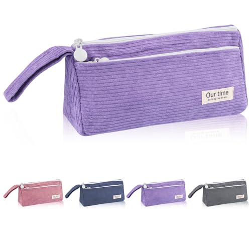 Hopton Federmäppchen Mäppchen Aesthetic, Cord-Stoff Federmappe mit Tragegriff, Tragbare Stiftemäppchen Mit 2 Fächern, Waschbar Pencil Case, Schulmäppchen für Schule Büro Reisen (Lila) von Hopton