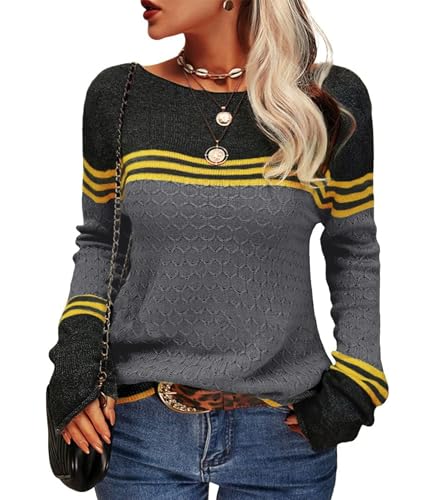 Damen Pullover Rundhals Colorblock Herbstpulli Stilvolle Slim Fit Gestreift Sweater Bequem Warm Strickpullover Langarm Tops Strickwaren (Dunkelgrau, XXL) von Hormtaer