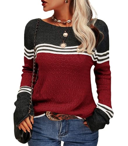 Damen Pullover Rundhals Colorblock Herbstpulli Stilvolle Slim Fit Gestreift Sweater Bequem Warm Strickpullover Langarm Tops Strickwaren (Weinrot, S) von Hormtaer