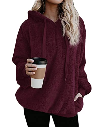 Damen Pullover Teddy Hoodie Warm Teddy-Fleece Kapuzenpullover Oversize Sweatshirt Langarm Lose Winter Pulli Tops Oberteile mit Tasche (Burgunderrot, L) von Hormtaer