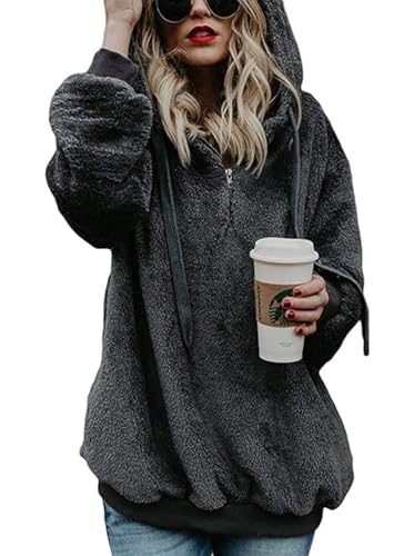 Hoodie Damen Oversize Fleecejacke Teddy Pullover Teddyjacke Pulli Teddy Fleece Sweatshirt Kapuzenpullover Kapuzenpulli Warm Langarm Lose Winter Tops Oberteile Casual mit Tasche (Dunkelgrau, M) von Hormtaer