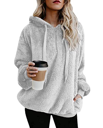 Damen Pullover Teddy Hoodie Warm Teddy-Fleece Kapuzenpullover Oversize Sweatshirt Langarm Lose Winter Pulli Tops Oberteile mit Tasche (Grau1, XXL) von Hormtaer