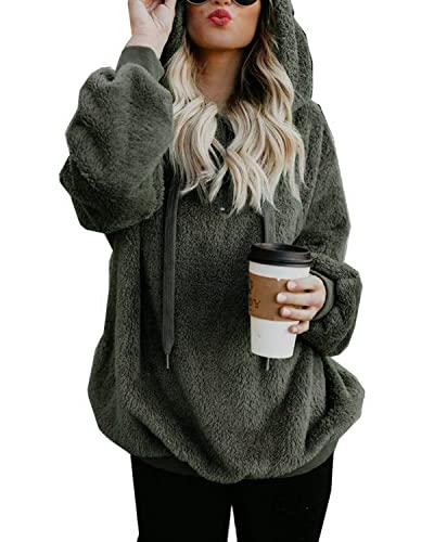 Hoodie Damen Oversize Fleecejacke Teddy Pullover Teddyjacke Pulli Teddy Fleece Sweatshirt Kapuzenpullover Kapuzenpulli Warm Langarm Lose Winter Tops Oberteile Casual mit Tasche (Grün, 3XL) von Hormtaer
