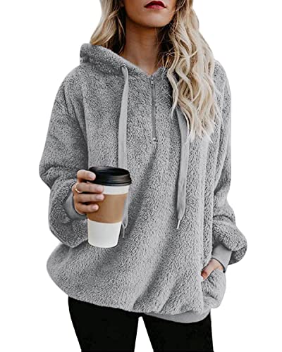 Damen Pullover Teddy Hoodie Warm Teddy-Fleece Kapuzenpullover Oversize Sweatshirt Langarm Lose Winter Pulli Tops Oberteile mit Tasche (Hellgrau, L) von Hormtaer