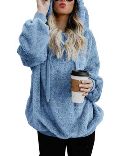 Hoodie Damen Oversize Fleecejacke Teddy Pullover Teddyjacke Pulli Teddy Fleece Sweatshirt Kapuzenpullover Kapuzenpulli Warm Langarm Lose Winter Tops Oberteile Casual mit Tasche (Blau, 3XL) von Hormtaer