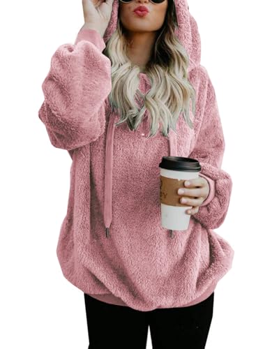 Hoodie Damen Oversize Fleecejacke Teddy Pullover Teddyjacke Pulli Teddy Fleece Sweatshirt Kapuzenpullover Kapuzenpulli Warm Langarm Lose Winter Tops Oberteile Casual mit Tasche (Rosa, 3XL) von Hormtaer