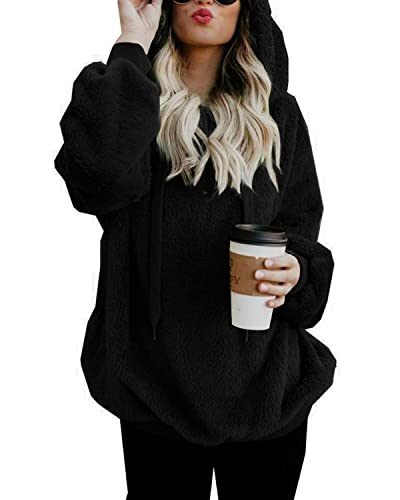 Hoodie Damen Oversize Fleecejacke Teddy Pullover Teddyjacke Pulli Teddy Fleece Sweatshirt Kapuzenpullover Kapuzenpulli Warm Langarm Lose Winter Tops Oberteile Casual mit Tasche (Schwarz, 3XL) von Hormtaer