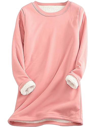 Hormtaer Damen Teddy Fleece Sweatshirt Warmes Sherpa Gefüttertes Pullover Winter Casual Langarmshirt Obertei Einfarbig Thermounterwäsche (Rosa, L) von Hormtaer