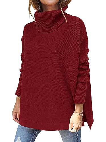 Hormtaer Pullover Damen Winter Rollkragenpullover Damen Warm Oversized Strickpullover Rollkragen Pullover Stricken Pulli Grobstrickpullover Langarm Oberteile (Weinrot, L) von Hormtaer