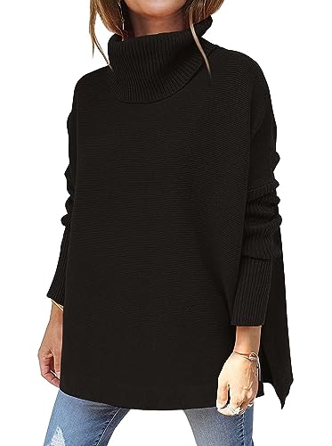 Hormtaer Pullover Damen Winter Rollkragenpullover Warm Oversized Strickpullover Rollkragen Stricken Pulli Grobstrickpullover Casual Lose Langarm Oberteile (A Schwarz, XL) von Hormtaer