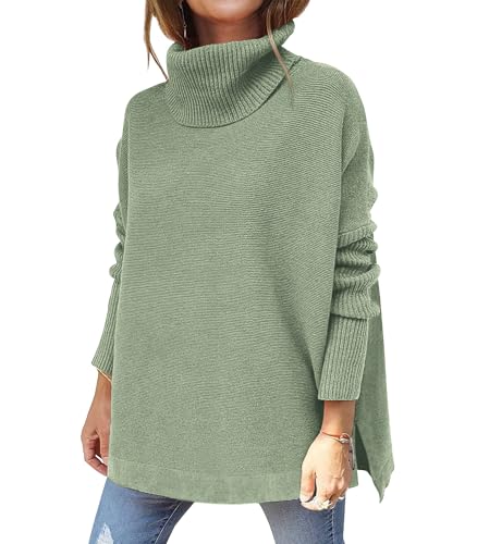 Hormtaer Pullover Damen Winter Rollkragenpullover Warm Oversized Strickpullover Rollkragen Stricken Pulli Grobstrickpullover Casual Lose Langarm Oberteile (Grün1, XL) von Hormtaer