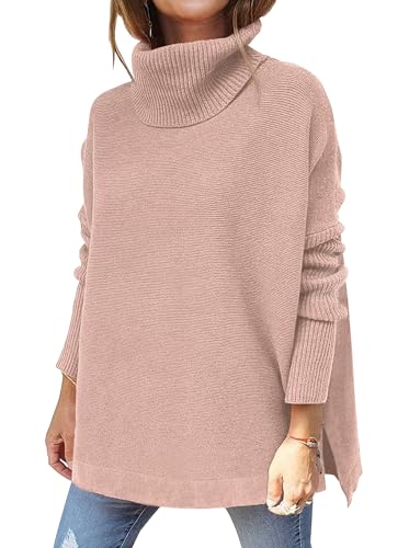 Hormtaer Pullover Damen Winter Rollkragenpullover Warm Oversized Strickpullover Rollkragen Stricken Pulli Grobstrickpullover Casual Lose Langarm Oberteile (Rosa, XL) von Hormtaer