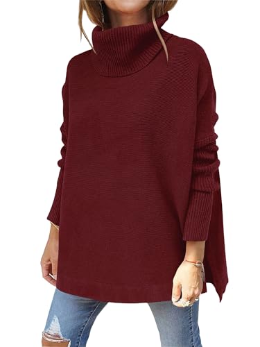 Hormtaer Pullover Damen Winter Rollkragenpullover Warm Oversized Strickpullover Rollkragen Stricken Pulli Grobstrickpullover Casual Lose Langarm Oberteile (Weinrot, M) von Hormtaer
