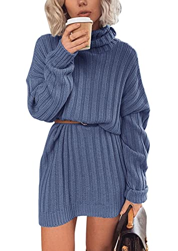 Hormtaer Winter Pullover Damen Lang Pulloverkleid Elegant Rollkragen Strickkleid Casual Lose Sweater Kleid Warm Tunika Minikleid Partykleid (Blau, XL) von Hormtaer