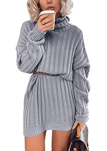 Hormtaer Winter Pullover Damen Lang Pulloverkleid Elegant Rollkragen Strickkleid Casual Lose Sweater Kleid Warm Tunika Minikleid Partykleid (Grau, XL) von Hormtaer