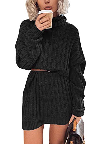 Hormtaer Winter Pullover Damen Lang Pulloverkleid Elegant Rollkragen Strickkleid Casual Lose Sweater Kleid Warm Tunika Minikleid Partykleid (Schwarz, L) von Hormtaer