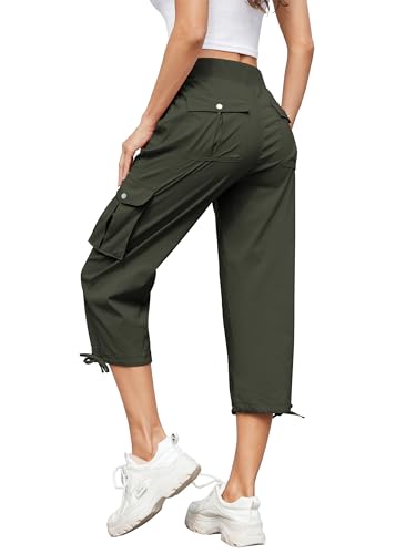 Hose Damen 3/4 Sommer Casual Cargohose Caprihose Jogginghose Comfy Stretch Leichte Outdoor Sport Reise Wanderhose Mit 6 Taschen (Armeegrün, L) von Hormtaer