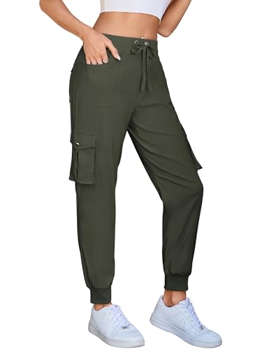 Damen Cargo Jogginghose Multifunktions Outdoor Wanderhose Lang Leichte High Waist Stretch Sport Trekkinghose Multi Taschen (B Armeegrün, XXL) von Hormtaer
