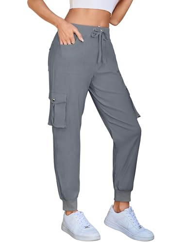 Damen Cargo Jogginghose Multifunktions Outdoor Wanderhose Lang Leichte High Waist Stretch Sport Trekkinghose Multi Taschen (B Grau, XL) von Hormtaer