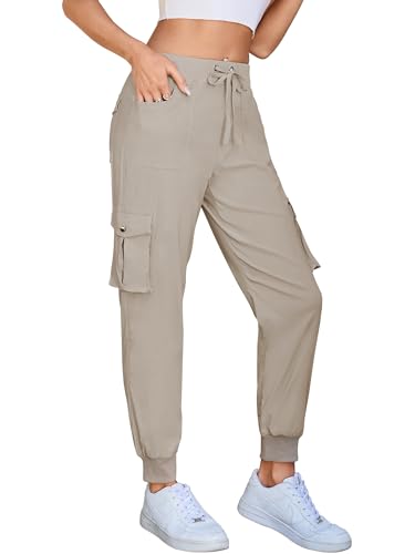 Damen Cargo Jogginghose Multifunktions Outdoor Wanderhose Lang Leichte High Waist Stretch Sport Trekkinghose Multi Taschen (B Khaki, L) von Hormtaer