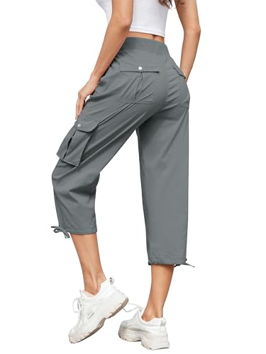 Hose Damen 3/4 Sommer Casual Cargohose Caprihose Jogginghose Comfy Stretch Leichte Outdoor Sport Reise Wanderhose Mit 6 Taschen (Grau, XL) von Hormtaer