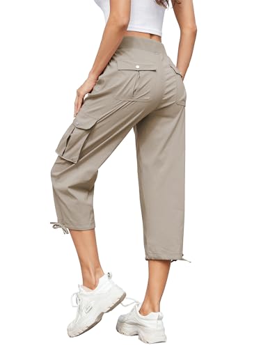 Hose Damen 3/4 Sommer Casual Cargohose Caprihose Jogginghose Comfy Stretch Leichte Outdoor Sport Reise Wanderhose Mit 6 Taschen (Khaki, XL) von Hormtaer