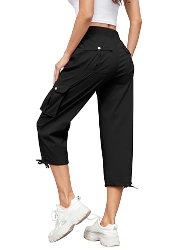 Hose Damen 3/4 Sommer Casual Cargohose Caprihose Jogginghose Comfy Stretch Leichte Outdoor Sport Reise Wanderhose Mit 6 Taschen (Schwarz, L) von Hormtaer