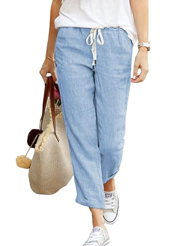 Hose Damen Leinen Sommerhose 7/8 Casual Leichte Baumwolle Leinenhose Stoffhose Bequeme Luftige Freizeithose Strandhose Mit Taschen (Blau, L) von Hormtaer