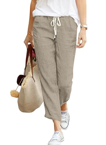 Hose Damen Leinen Sommerhose 7/8 Casual Leichte Baumwolle Leinenhose Stoffhose Bequeme Luftige Freizeithose Strandhose Mit Taschen (Khaki, L) von Hormtaer